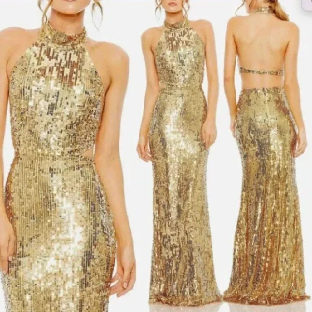 MAC DUGGAL 93976 Gold Open Back High Neck Sequined Gown Sz 4 NWT $798